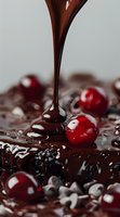 Liquid chocolate pouring over fresh cherries and berries creating glossy coating with rich dark texture and reflective surface, macro food photography.