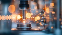 Microscope lens with glowing bokeh effect in scientific laboratory setting, creating atmospheric golden light spots against blue toned background. Professional research concept.
