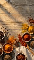 Colorful spices and seasonings in wooden bowls arranged on rustic wood background for cooking and culinary projects with copy space.
