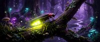 Enchanted forest scene with glowing magical lights, mystical atmosphere, fantasy woodland with luminous orbs and ethereal purple mist creating dreamy fairytale ambiance.