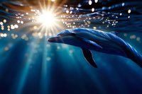 Majestic dolphin swimming in deep blue ocean waters with sunlight rays piercing through surface creating magical bokeh effect and ethereal underwater atmosphere.