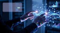 Business professional analyzing digital data network with glowing connections and financial charts in modern office environment for technology solutions.