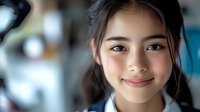 Young Asian woman with gentle smile and natural makeup looking at camera, soft bokeh background creates dreamy atmosphere. Professional portrait for lifestyle blogs.