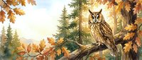 Watercolor owl perched on branch surrounded by golden autumn leaves and evergreen trees in peaceful forest setting.