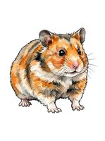 Cute hamster with orange, black and white fur isolated on white background, ready for children's books, educational materials, pet care designs and merchandise applications.