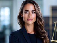 Professional female lawyer with long brown wavy hair wearing navy blue business suit jacket smiling confidently in modern law office with scales of justice decoration.