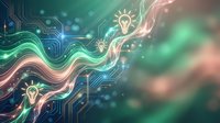Digital innovation concept with glowing lightbulbs and circuit board patterns on flowing abstract background for technology presentations.