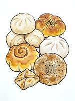 Assorted fresh baked bread rolls and buns with sesame seeds and poppy seeds, isolated on white background for bakery, food packaging, and menu design.