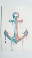 Watercolor anchor with teal and coral gradient wash, dripping paint effect on white paper background. Nautical maritime symbol for coastal decor, sailing themes, and ocean-inspired artwork.