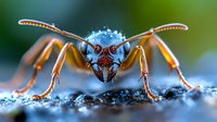Extreme macro photography of blue metallic wasp face with detailed compound eyes and antennae against blurred green background, showing intricate insect anatomy.