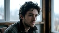 Young handsome man with curly dark hair and beard sitting indoors by window, casual style portrait for lifestyle and fashion projects.