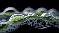 Macro photography of soap bubbles forming abstract wavy pattern with green and black background showing surface tension and iridescent reflections in liquid foam.