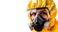 Person wearing yellow hazmat suit and protective respirator mask against white background, close-up portrait showing safety equipment for chemical protection.