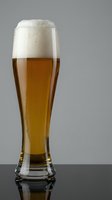Fresh golden beer with creamy white foam head in tall glass on reflective surface against neutral background for beverage advertising and restaurant menus.