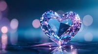 Crystal heart shape glowing with pink and blue reflections on dark surface with bokeh lights background, romantic Valentine concept for greeting cards.