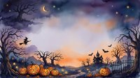 Watercolor Halloween night scene with glowing jack-o-lanterns, flying witch, bats, haunted house, and crescent moon, perfect for seasonal cards.