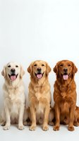 Three happy golden retriever dogs sitting together with tongues out on white background for pet care and veterinary design projects.