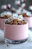 Pink strawberry mousse topped with chocolate granola and white spring flowers in glass dessert cup on marble surface, soft focus background.