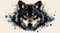 Wolf head portrait with artistic black ink splatter effects on light background, wildlife predator face with intense yellow eyes for apparel design.