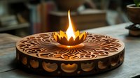 Decorative wooden mandala candle holder with burning flame on concrete surface, featuring intricate laser-cut patterns and moon phase design elements.