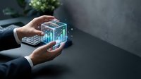 Businessman hands holding glowing digital cube with data visualization and holographic interface for modern technology and innovation concepts.