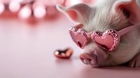 Pink heart-shaped sunglasses on cute piglet nose against rosy background with bokeh lights, creating whimsical Valentine's Day or love-themed composition.