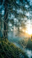 Spider web covered in morning dew drops with golden sunlight creating bokeh effect in natural outdoor setting for nature and macro photography concepts.