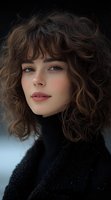 Young woman with curly brown hair and natural makeup wearing black turtleneck sweater against light background, soft portrait with gentle expression.