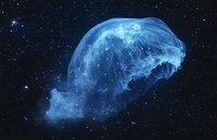 Glowing blue jellyfish-shaped nebula floating in deep space against starry cosmic background, resembling bioluminescent sea creature.