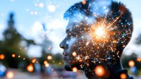 Double exposure silhouette profile with glowing sparkles and bokeh lights merging nature and cosmic elements creating dreamy atmospheric mood for creative projects.