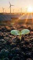 Green seedling sprouting from soil with wind turbines and solar panels at sunset representing renewable energy growth and sustainable development.