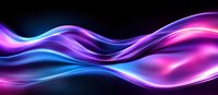 Glowing neon waves with vibrant blue and purple colors flow smoothly across dark background creating dynamic abstract light effect for modern design projects.
