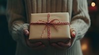Woman hands holding wrapped gift box with red white striped ribbon bow in cozy home setting during holiday season celebration.