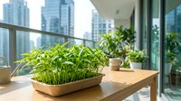 Young green microgreens in wooden tray on desk with city skyline view, office plant decor for workspace wellness and urban gardening projects.