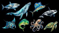 Colorful ocean creatures collection featuring shark, whale, marlin, orca, manta ray, fish, octopus and sea turtle isolated on transparent background. Ready for t-shirt design, clipart, stickers and print-on-demand projects.