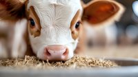 Close up portrait of young white and brown calf face with blue eyes lying on straw bedding in barn, showing curious expression and pink nose. Farming concept.