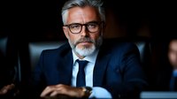 Confident mature businessman with gray beard and glasses wearing navy suit at corporate meeting, professional executive portrait in dark office setting.