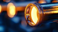 Close-up of golden telescope lens with warm bokeh lights in background, perfect for astronomy, exploration, discovery and scientific research concepts.