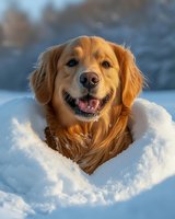 Golden retriever with warm coat sitting in deep snow during winter, displaying happy expression with tongue out and snow-covered fur for pet, animal, and seasonal content.