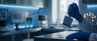 Scientist in laboratory holding microchip component wearing protective gloves and coat, conducting research in modern tech facility with blue lighting and equipment.