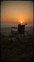 Empty wheelchair silhouetted against golden sunset sky with stars, positioned in rural field. Symbolizes hope, resilience, disability awareness, and overcoming challenges for editorial and awareness campaigns.