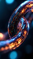 Curved digital ring with glowing circuit pattern and orange light trails on dark background, reflecting futuristic technology and connectivity concept.