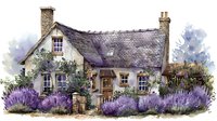 Charming countryside cottage with stone chimneys and blooming lavender garden, watercolor style artwork featuring cream walls, wooden door and traditional windows.