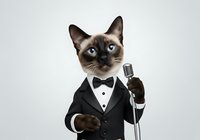 Siamese cat wearing formal tuxedo and bow tie holding microphone on white background, ready for design projects and entertainment concepts.