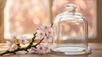 Glass cloche dome with delicate pink cherry blossom branch on wooden surface with warm bokeh background for spring home decor and botanical styling.