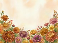 Autumn chrysanthemum and dahlia floral border frame with warm orange, purple and yellow blooms on textured beige background for seasonal designs.