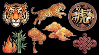 Chinese New Year tiger clipart set isolated on transparent background, ready for T-shirts, stickers, sublimation, and print on demand design use.