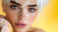 Close up portrait of young woman with platinum blonde hair, freckles and bright green eyes against yellow background, soft beauty makeup and glitter details.