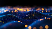 Abstract digital wave landscape with glowing particles and bokeh lights against dark background, creating futuristic technology visualization effect.