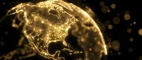 Golden glowing Earth globe with illuminated network connections showing North America continent against dark background with bokeh lights.